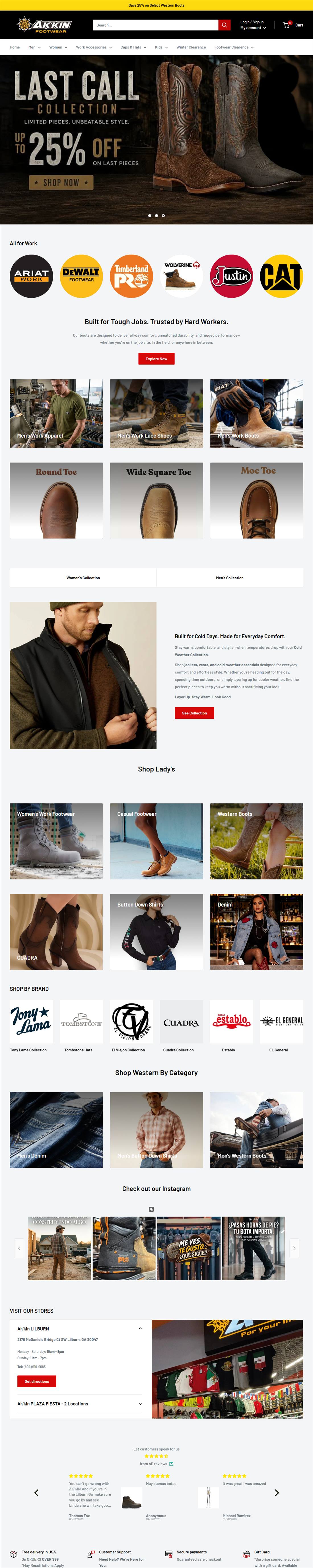 Ak'kin Footwear homepage on a desktop browser