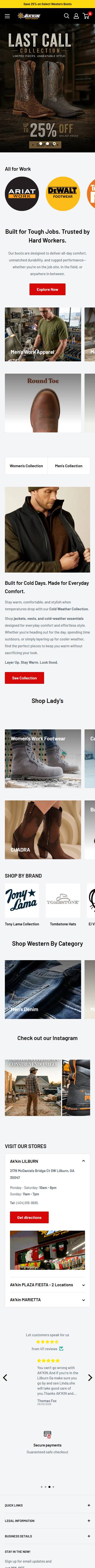 Ak'kin Footwear homepage on a phone